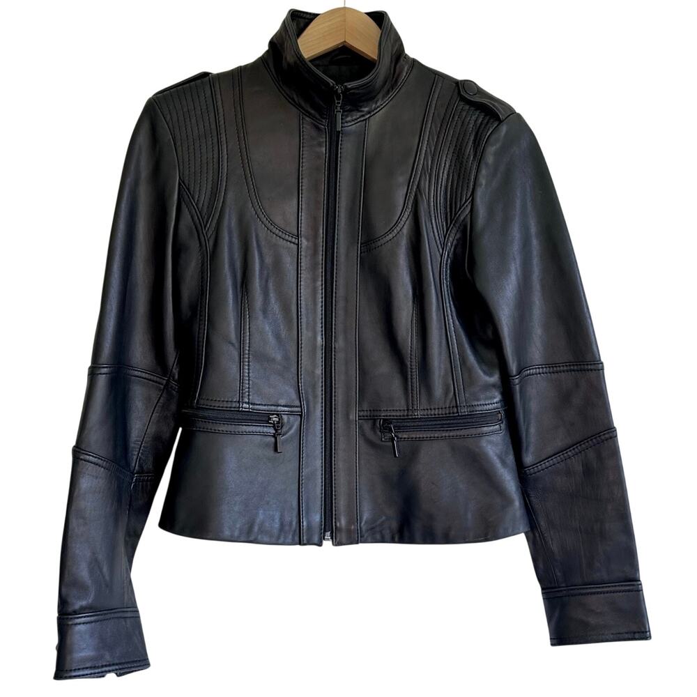 Kenneth Cole Reaction Genuine Leather Moto Jacket Black Size M Fitted Zip Up